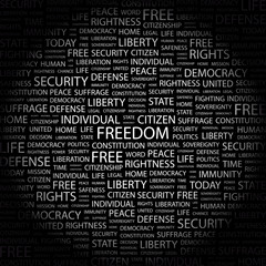 FREEDOM. Collage with association terms on black background.