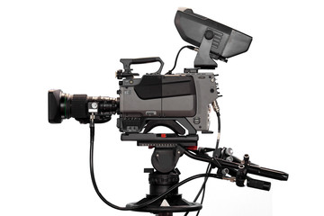 Professional digital video camera, isolated on white background