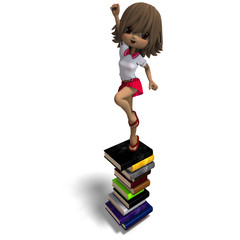 cute little cartoon school girl with many books. 3D rendering wi