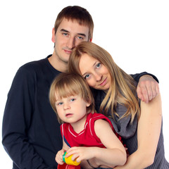 Happy family. Father, mother and child. Over white background