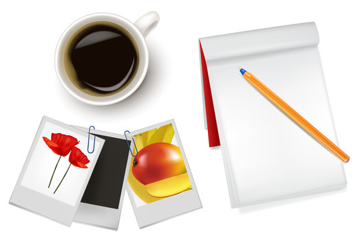 Photo frames, notebook, pen and a cup of coffee. Vector.
