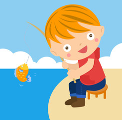 Boy fishing, cartoon illustration
