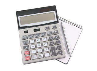 Pen on notebook and calculator isolated on white background