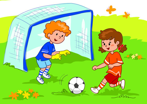 Bambino e bambina giocano a calcio