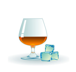 Glass of whiskey with ice on white.