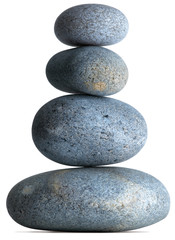four pebbles stones balancing on each other on a white backgroun
