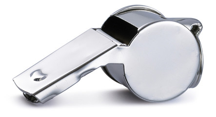chrome silver referee pea whistle on a white background