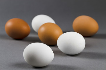 drei weisse und drei braune eier auf grauem hintergrund