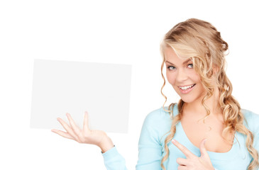 Naklejka premium happy woman with blank board