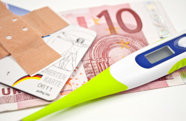 Fieberthermometer, 10 Euroschein, Pflaster