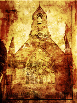 Grunge background with old church