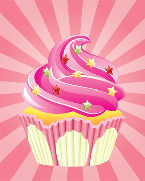 vector pink cupcake with sprinkles, on retro background