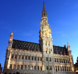 City hall in Brussel at twillight illuminated during light show