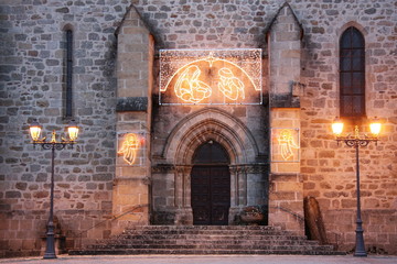 Christmas Church Entrance with Nativity Lights horizontal