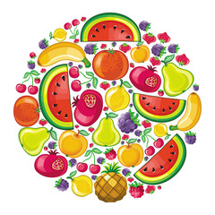 Different types of delicious fruits combined in juicy planet