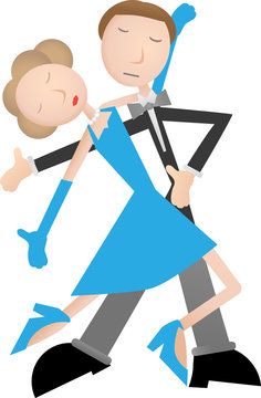 Couple dancing tango, blue dress and tuxedo