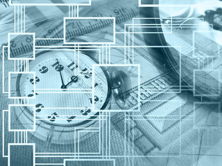 Graphic, magnifier, money and clock, collage  (blue)