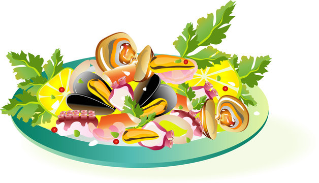 Salad dish with fish crustacean and vegetable 