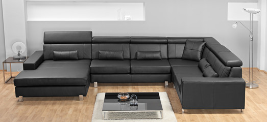 A modern minimalist living-room with black leather furniture