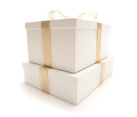 Stacked White Gift Boxes with Gold Ribbon Isolated