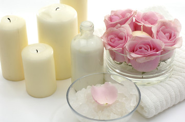 Spa products on a white towel