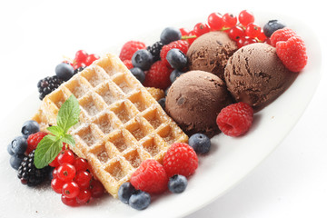 Waffles with Ice Cream and Mixed Berries
