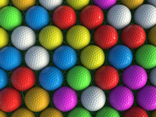 Array of coloured golf balls.