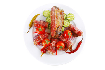 served meat chunk with rolls  on white