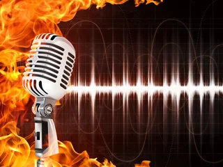 Crédence de cuisine en verre imprimé Flamme Microphone sur fond de feu