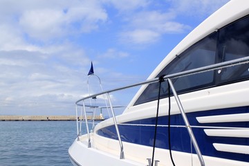 blue yacht side view Formentera port Balearic