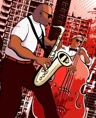 Fototapete Musik Band Vektor-Illustration eines Saxophonisten und Bassisten auf Grunge City