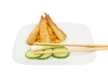 Filo pastry coated prawnson a plate