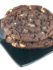 chocolate cookies on serving plate on white background