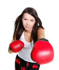 young female boxer over white