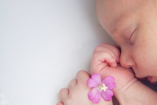 slepping baby with flower