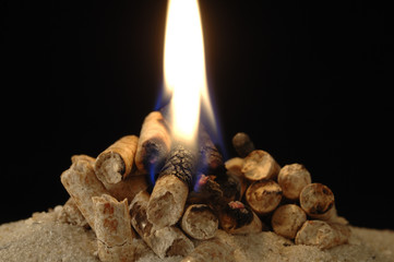 Holzpellets mit Feuer und Glut