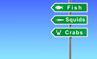 Fototapeta premium Sign fish squids crabs on sky background.