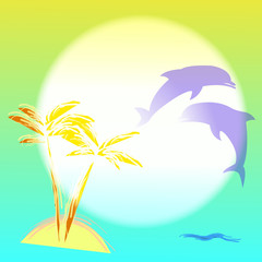 Fototapeta na wymiar art illustration with palmtree and dolphins
