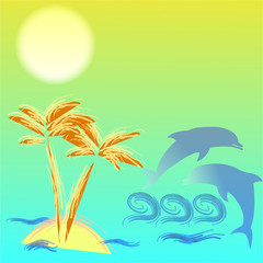 Fototapeta na wymiar art illustration with palmtree and dolphins