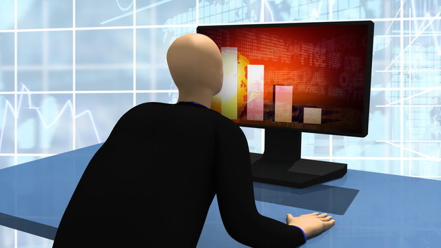 3d man sitting in front of a screen at a table