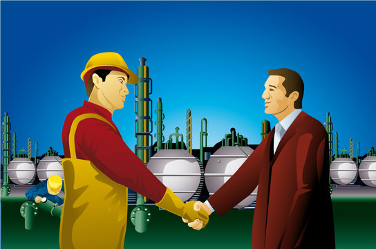 Businessman hand shake with plant worker