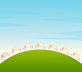 Naklejka premium background with cartoon in love sheep pursues after other