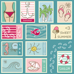 Naklejka premium summer doodle postage stamps