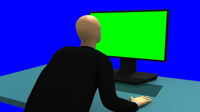 3d man sitting at a table in front of a desktop