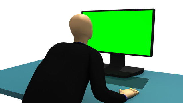 3d man sitting in front of a screen at a table