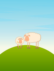 Landscape background with cartoon smiling sheep