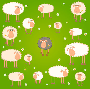 Vector landscape background with cartoon sheep