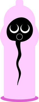 Black spermatozoon in pink condom with sad look