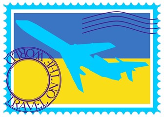 Stamp "Ukraine, travel by plane on the world" vector