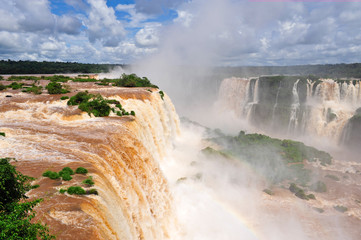Iguazu falls in Brazil, top waterfall view in summer time